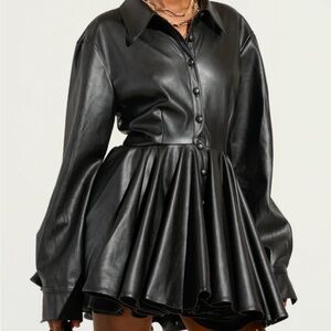 AKIRA Black Faux Leather Peplum Button-Up Dress